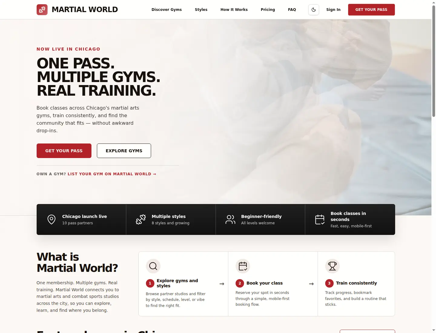 Desktop screenshot of the Martial World live homepage hero, navigation, and Chicago launch call to action.
