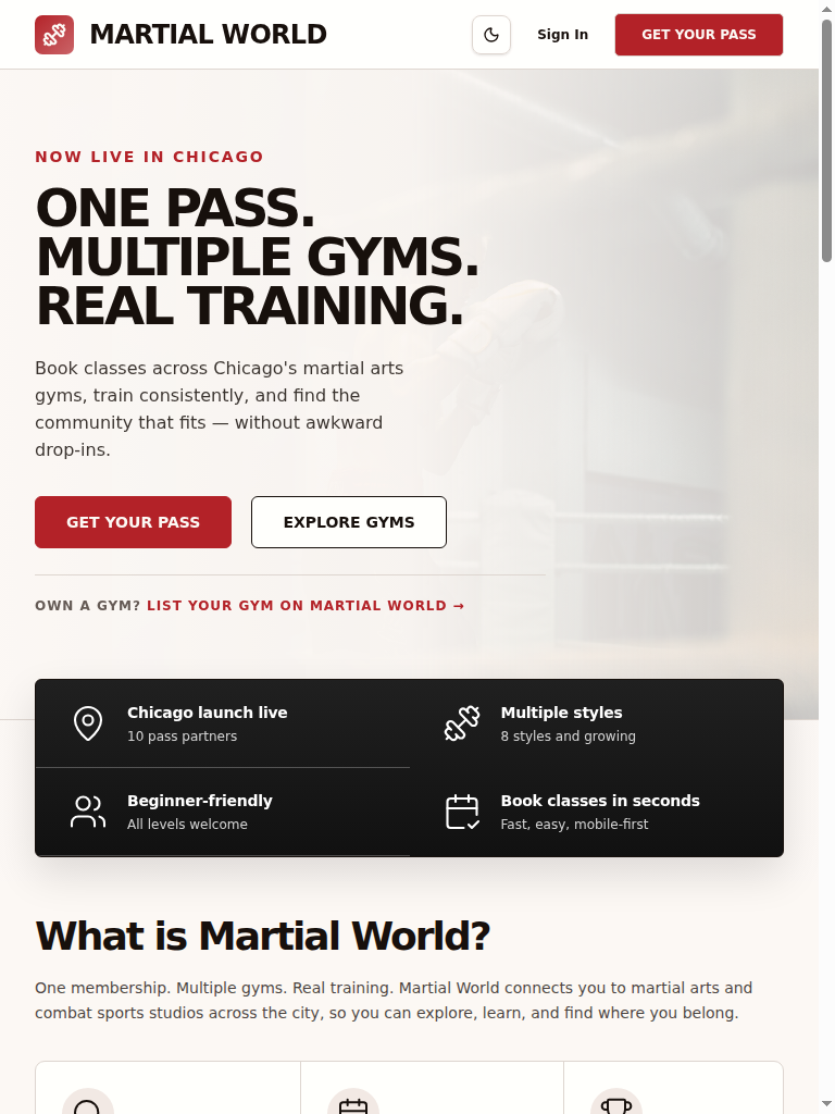 Mobile screenshot of the Martial World live homepage with the pass call to action and Chicago launch messaging.