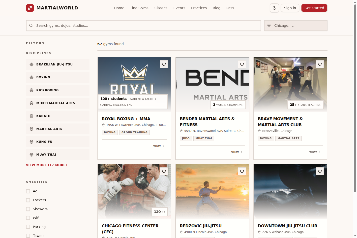 Martial World gym discovery view with filters, search, and gym cards.