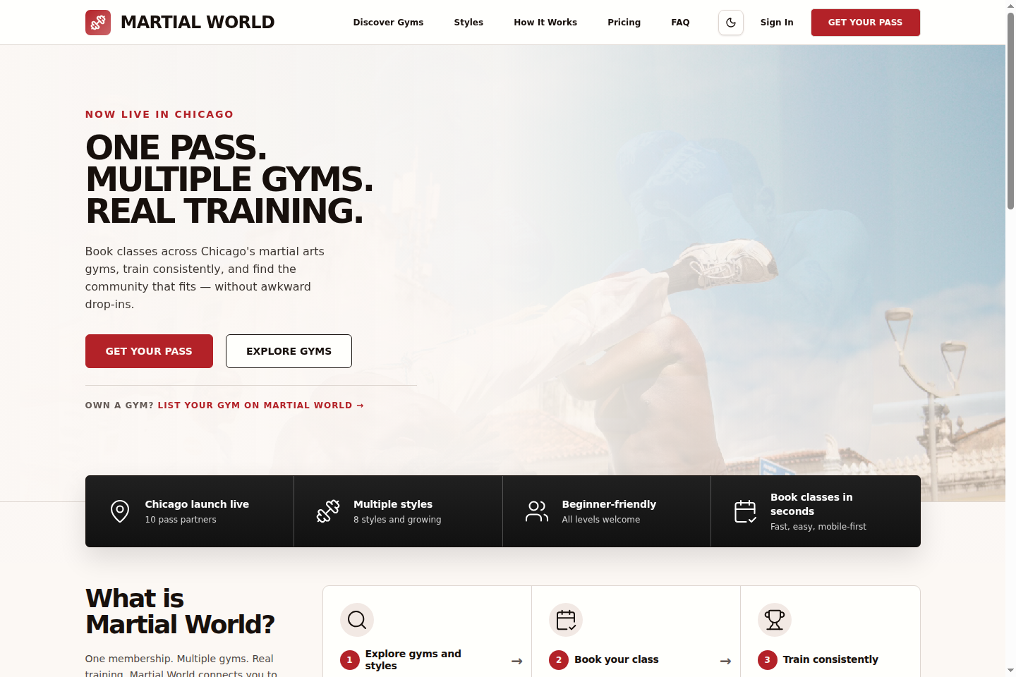 Martial World homepage hero with Chicago launch messaging and early access call to action.