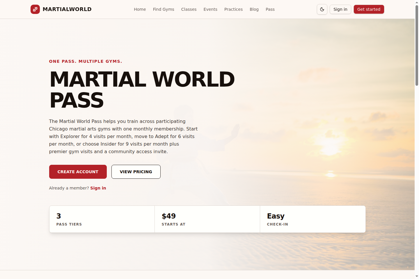 Martial World pass page hero showing the pass offer, primary actions, and launch framing.